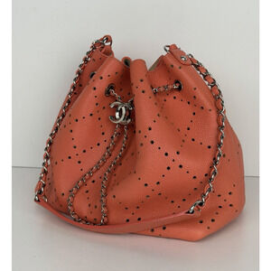 Chanel Perforated Caviar Drawstring Bucket Bag Small Coral Leather 2017-2018